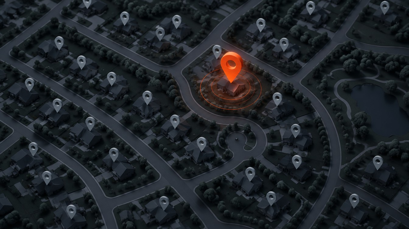 A neighborhood map with one bright orange location pin standing out among gray pins